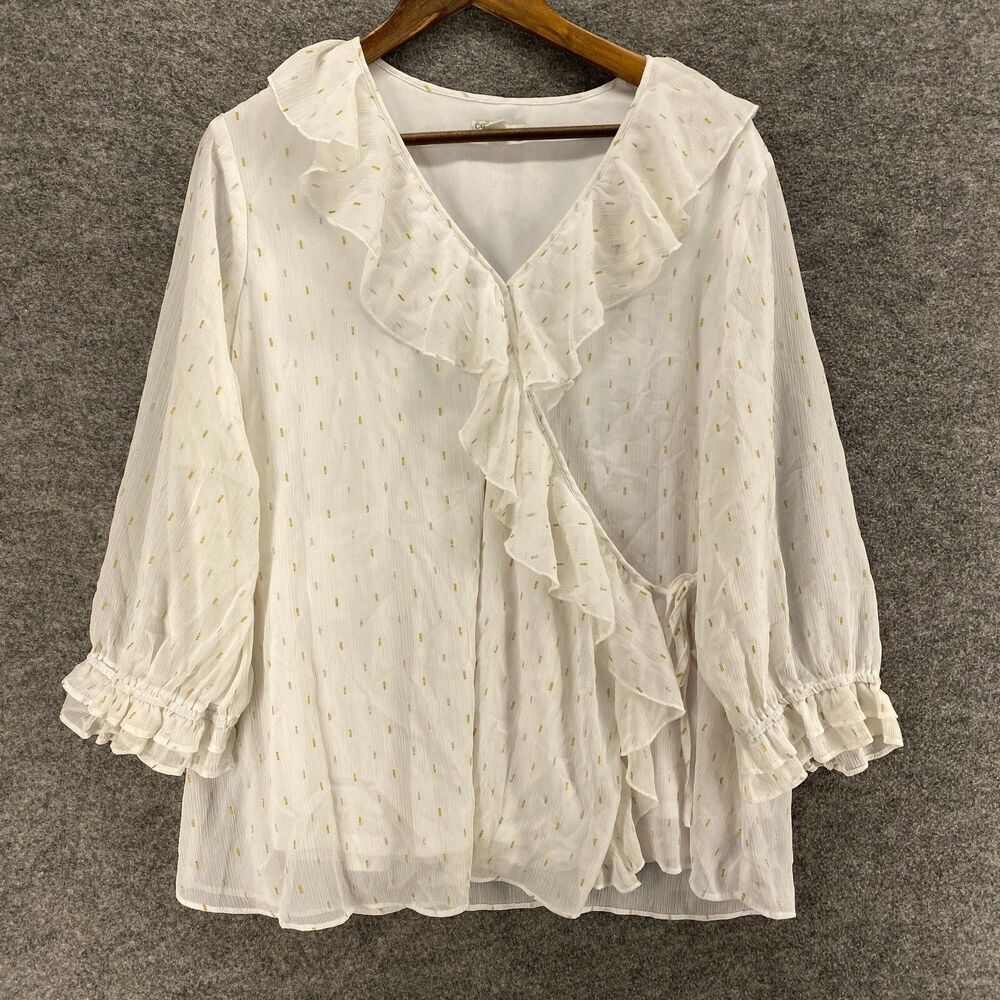 Cato Blouse Women 14/16W Plus White Geometric V-Neck Long Sleeve Pullover Casual